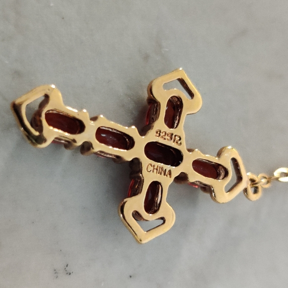 Elegant Garnet Glass Cross Necklace 14K Gold Over Silver 925 - Picture 6 of 13